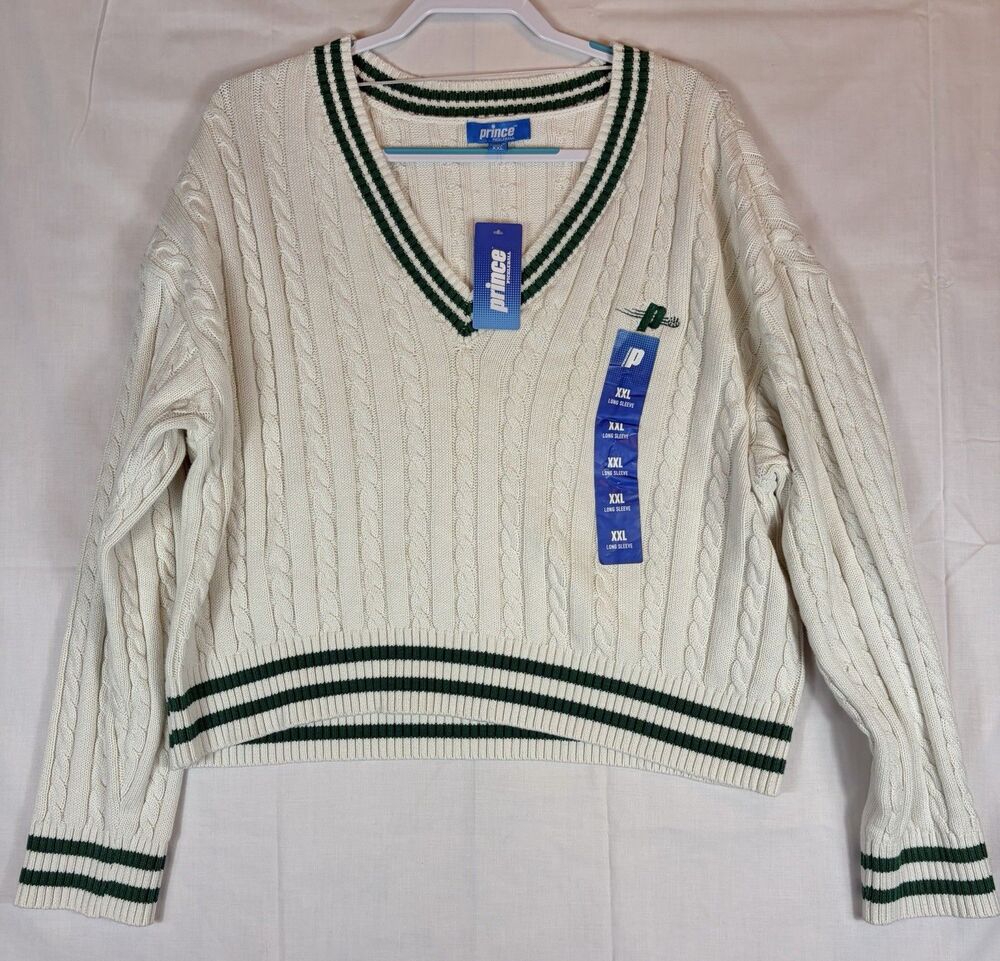 Prince Pickleball Sweater Ladies Cable Knit Cream Green Striped Women’s 2XL NWT